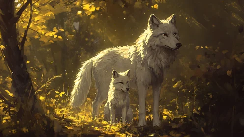 Gentle white wolves resting in golden forest light together.