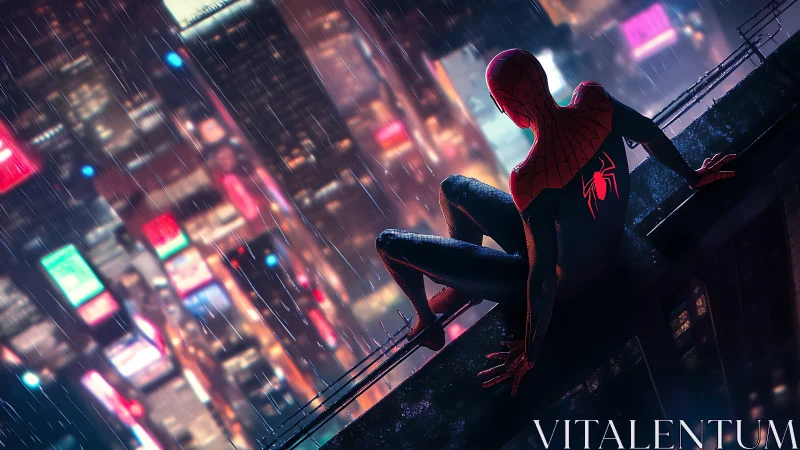 Masked hero watches neon city in reflective midnight rain.