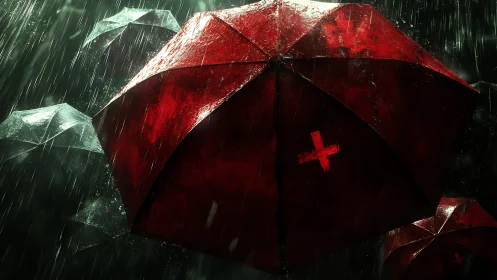 Red umbrellas in heavy rain with bold cross marks.