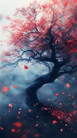 Twisted cherry tree rises through mist with drifting petals