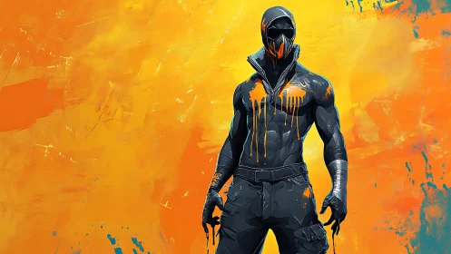 Hooded masked figure stands against vivid orange backdrop