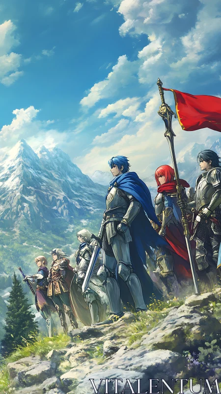 Valiant heroes stand united beneath a bright mountain sky
