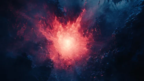 Red cosmic energy core in dark nebula space field.