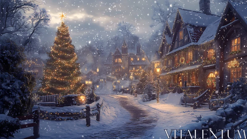Snowlit village street wrapped in glowing Christmas wonder.