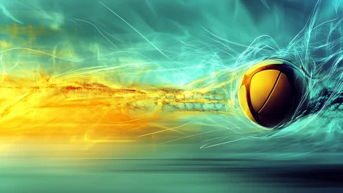 Electric yellow ball slices through teal energy waves