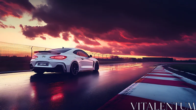 White track predator stalks a rain-slick sunset circuit