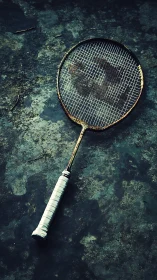 Old badminton racket on worn concrete court surface.