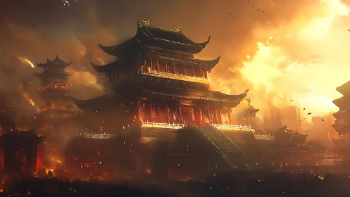 Incandescent siege over tiered pagoda citadel under ash skies.