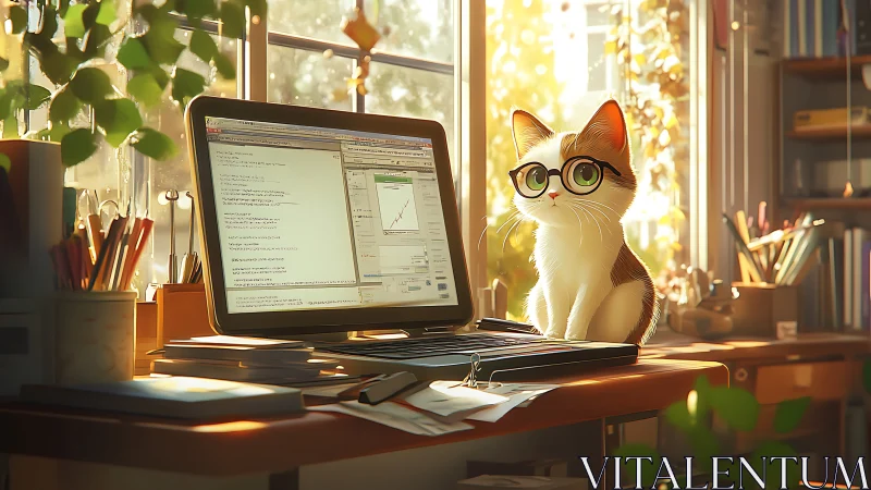 Feline Developer at Workspace: Scholarly Cat Wearing Glasses Before Laptop.