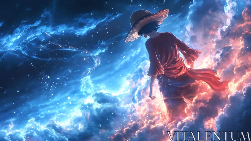 Straw-hatted dreamer strides through nebula-lit storm clouds.