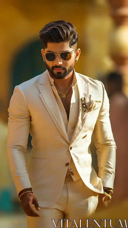 Tailored cream suit under warm sunlight in urban street.