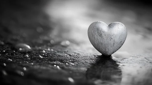 Crystalline heart rests on wet surface amid bokeh.