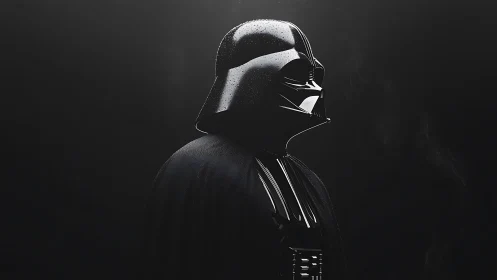 Specular side-profile of armored masked figure in void field.