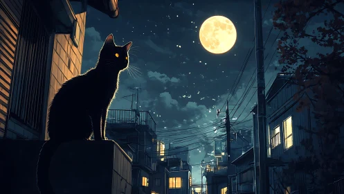 Black cat observing full moon above quiet city street.
