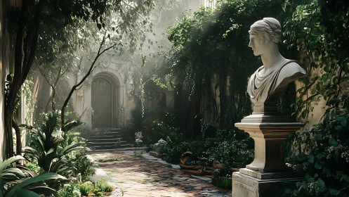 Marble muse keeps quiet watch over a sun-drowsy garden path