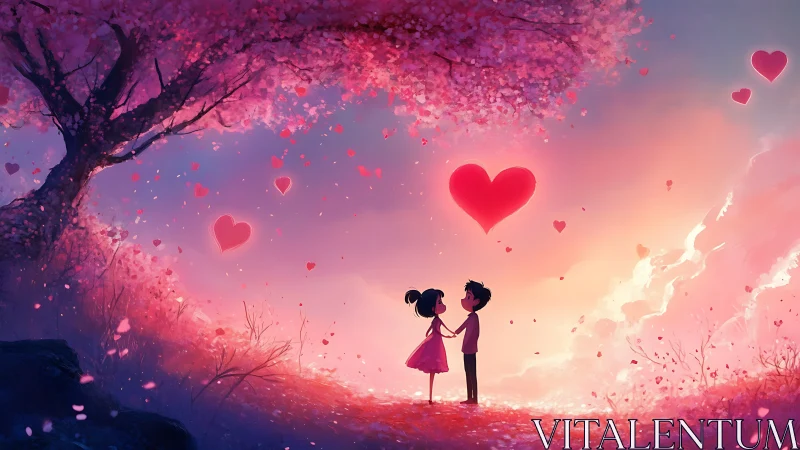 Illustration of Two Figures Among Luminescent Pink Flora