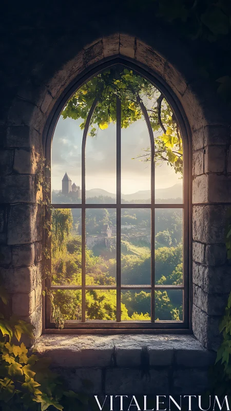Sunlit castle valley framed by a quiet stone window.