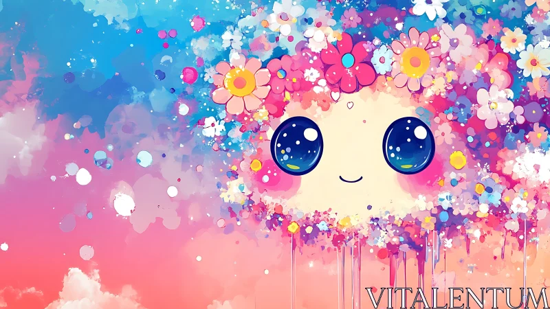 Kawaii floral face glows in dreamy pastel cosmic clouds