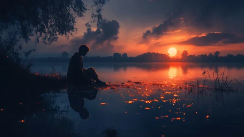 Quiet lake sunset with a reflective, softly lit silhouette.
