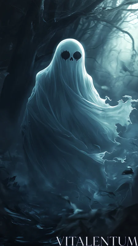 Spectral figure draped in luminescent shroud haunts misty forest