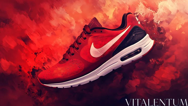 Red running sneaker on abstract fiery paint backdrop.