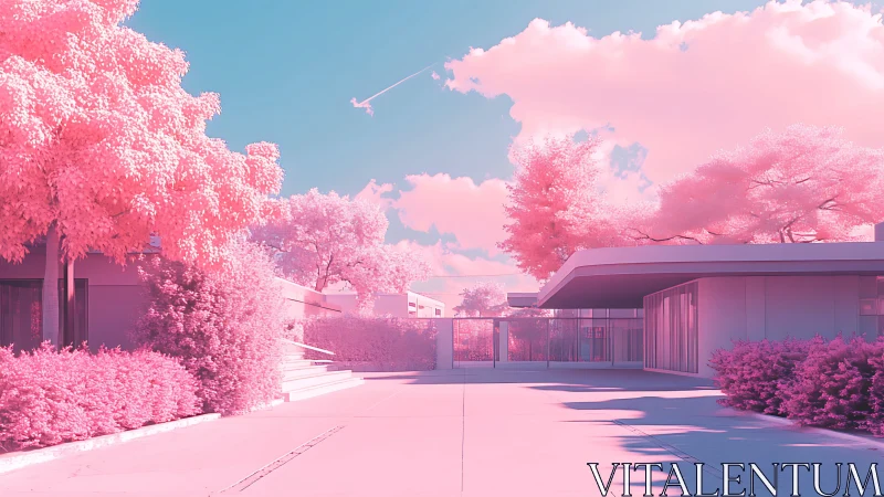 Modern courtyard architecture under pastel infrared sky.