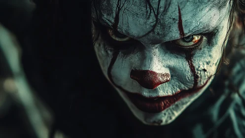 Sinister clown portrait stares with chilling intensity.