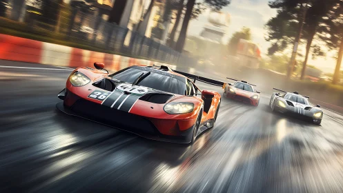 Racing supercars charge forward on a glistening wet track.
