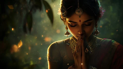 Woman in traditional attire prays with folded hands in light