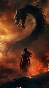 Warrior stands before coiled dragon in burning wasteland