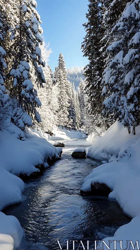 Snow covered forest creek under clear winter sky.