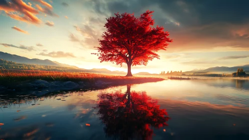 Solitary red tree mirrored in calm lakeside sunset water.