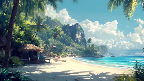 Tropical Paradise Beach with Mountain Cliffs and Thatched Huts
