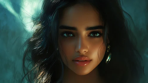Dramatic digital portrait shows luminous gaze in teal light