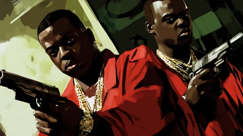 Urban gunmen in red coats under stylized cinematic lighting.