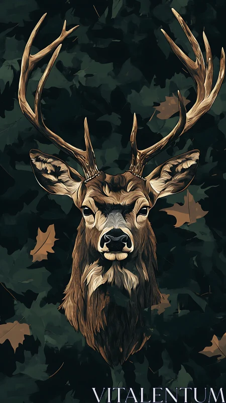 Forest monarch stag emerging from painterly shadowed leaves.