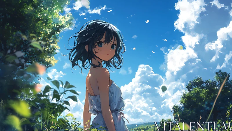 Anime girl in sunlit countryside field under bright blue sky.