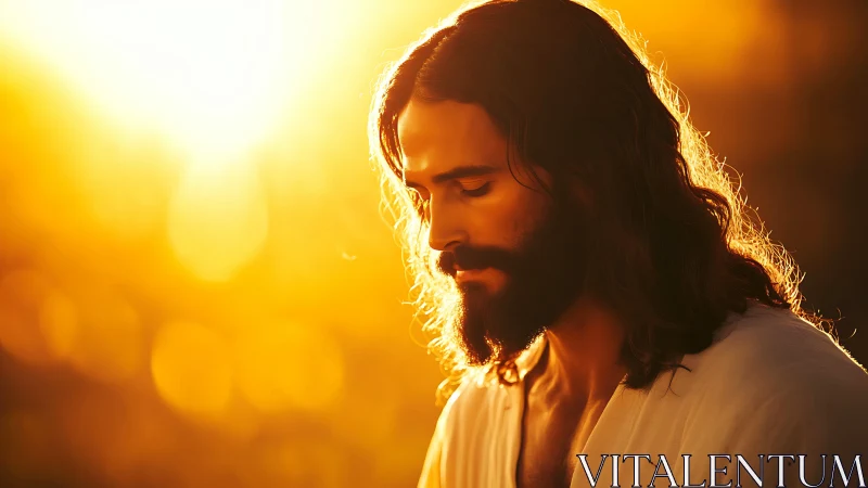 Sunlit profile of serene bearded man in glowing reverence.