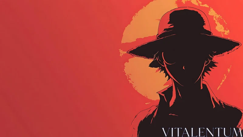 High-contrast cel-shaded silhouette against textured red sun backdrop