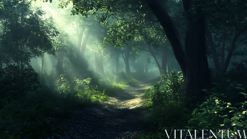 Enchanted Forest Pathway: Where Misty Light Dances Through Ancient Woods.