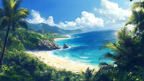 Tropical Coastal Paradise with Palm Trees and Mountains