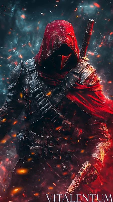 Hooded red-cloaked sci fi assassin amid blazing embers.