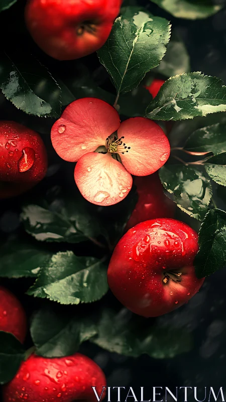 Dew kissed red apples and blossom glow in lush garden shade