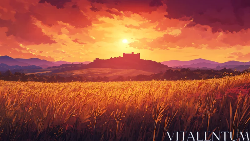 Castle silhouette stands beyond sunlit golden wheat field