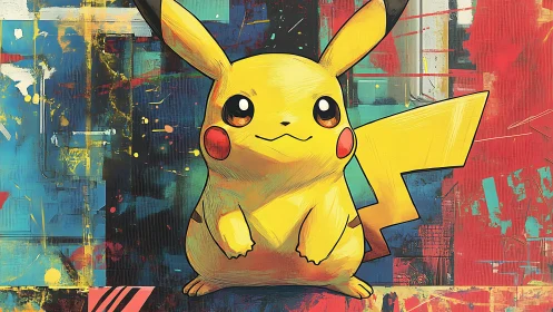 Pikachu stands centered against colorful abstract background