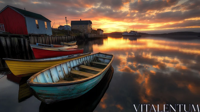 Colorful fishing boats on calm harbor water at sunset.