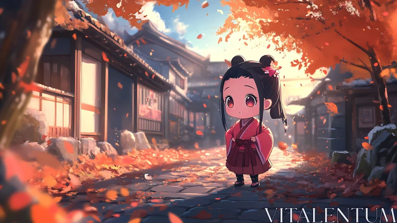 Chibi figure stands in autumn street with traditional houses