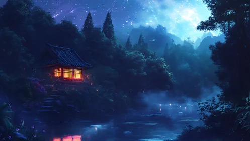 Lantern-lit riverside temple glows under a dreamy starlit sky.