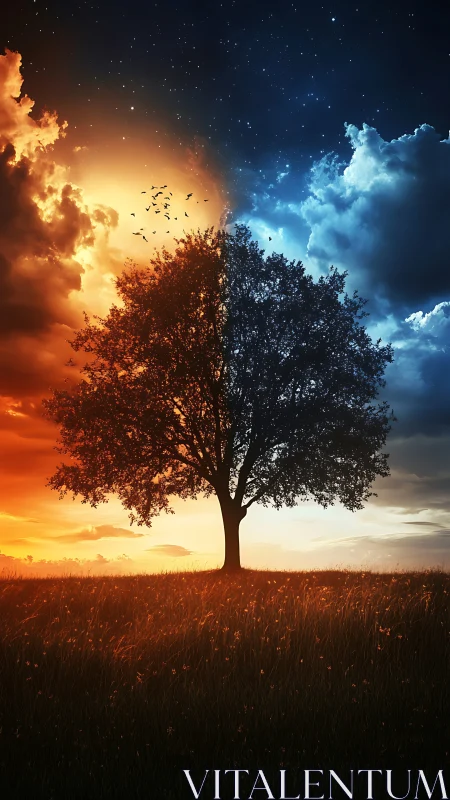 Solitary tree divides contrasting day and night sky