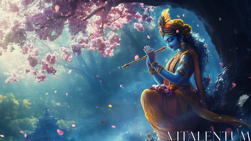 Divine blue figure playing flute under pink blossom tree.
